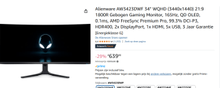 Alienware AW3423DWF 34" Wide Quad HD 165Hz Curved OLED Gaming monitor voor €639 bij Amazon