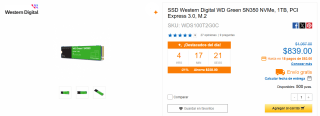 SSD Western Digital WD Green SN350 1TB $839 | CyberPuerta