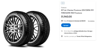 Kit 2 Llantas Firestone Firehawk 900 91V 205/55F16 por $1,960 en Walmart