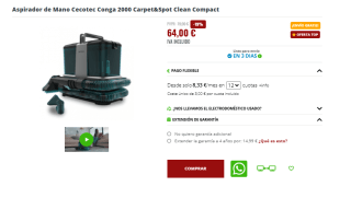 Cecotec Limpiatapicerías con Cable Conga 2000 Carpet&Spot Clean Compact por 64€