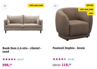 20% korting op alle banken en fauteuils bij Leen Bakker