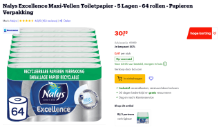 Nalys Excellence Maxi-Vellen Toiletpapier5 Lagen 64 rollen voor €30,35 bij Bol.com
