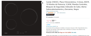 Candy CH63CC, Placa Vitrocerámica, 3 Zonas, 60CM, 10 Niveles de Potencia por 99,97€