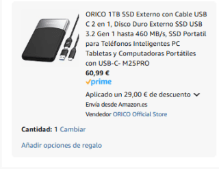 Disco duro ORICO 1TB SSD Externo con Cable USB C 2 en 1 por 60,99€