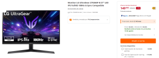 Monitor LG UltraGear 27GS60F-B 27" LED IPS FullHD 180Hz G-Sync Compatible por 149€