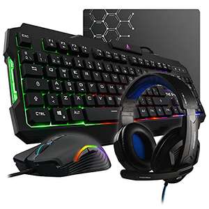 Pack Gaming 4 en 1 - Teclado Gaming QWERTY – Incluye Ñ - Retroiluminado, Ratón Gaming de 3200 dpi, Auriculares Gaming, Alfombrilla de Ratón Antideslizante. Por 25,49€