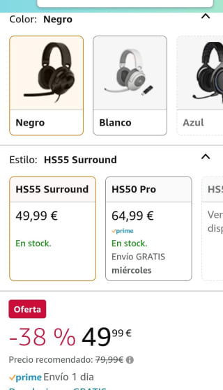 Corsair HS55 Surround Auriculares Gaming Multiplataforma 7.1 Negros por 49,99€.