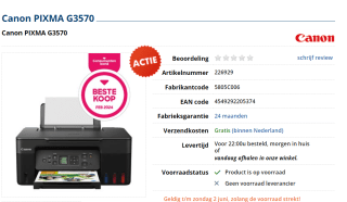 Canon PIXMA G3570 all-in-one A4 inkjetprinter met wifi (3 in 1) voor €149 bij Informatique