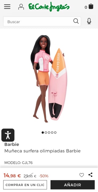 Muñeca surfera olimpiadas Barbie por 14,98€.