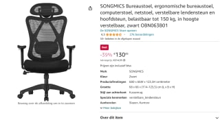 SONGMICS OBN063B01 Ergonomische bureaustoel voor €130,49 bij Amazon