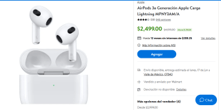 AirPods 3a Generación Apple Carga Lightning MPNY3AM/A por $2,499 en Walmart