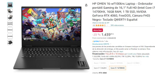Portátil Gaming HP Omen 16,1" FHD (Intel Core i7-14700HX, 16GB, 1 TB, NVIDIA GeForce RTX 4060, FreeDOS, Cámara FHD) por 1.439€