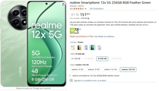 Smartphone 6.72" Realme 12X 5G, 256 Go, 8 Go, HD+ 120Hz, Dimensity 6100+, 5000 mAh à 151€