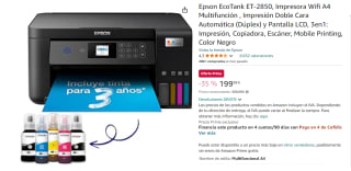 Epson EcoTank ET-2850, Impresora Wifi A4 Multifunción por 199.99€