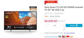 Smart TV Sony LED KD 55X80J 55" 4K UHD por $6,999 en HEB