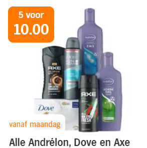 Alle Andrélon, Dove en Axe 5 stuks voor €10 bij de AH