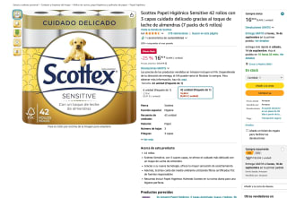 Scottex Papel Higiénico Sensitive 42 rollos con 3 capas cuidado delicado gracias al toque de leche de almendras (7 packs de 6 rollos) por 16,05€