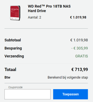Western Digital rood Pro, 18 TB 2 stuks voor €713,99 in de WD Store