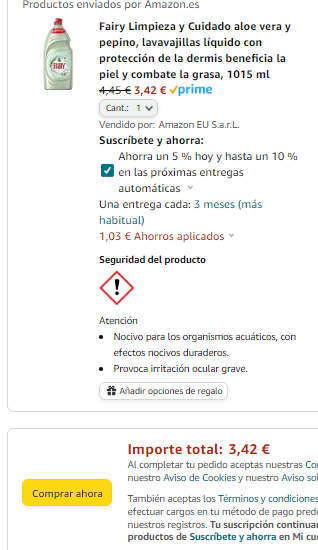 Fairy Limpieza y Cuidado aloe vera y pepino de 1.015ml por 3,42€