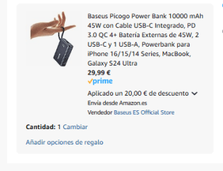 Baseus Picogo Power Bank 10000 mAh 45W con Cable USB-C Integrado por 29,99€