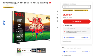 TV QLED 98" TCL 98C655, UHD 4K, Quad Core, Smart TV, Google TV por 1.499€
