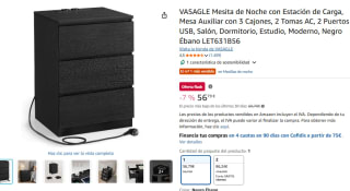 VASAGLE Mesita de Noche con Estación de Carga, Mesa Auxiliar con 3 Cajones, 2 Tomas AC, 2 Puertos USB por 56,79€