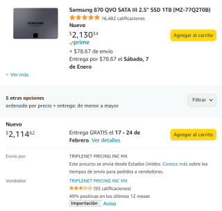 Samsung 870 QVO SSD 1TB a $2,115 en Amazon