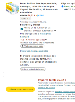 864 toallitas Dodot Toallitas Pure Aqua para Bebé por 26,90€