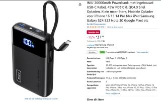 INIU 20000mAh Powerbank met Ingebouwd USB-C Kabel 45W PD3.0 & QC4.0 voor €22,01 bij Amazon