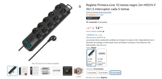 Regleta Primera-Line 10 tomas negro 2m H05VV-F 3G1,5 interruptor cada 5 tomas por 14,79€