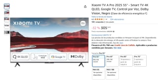 Xiaomi TV A Pro 2025 55" Smart TV 4K QLED, Google TV por 305,15€