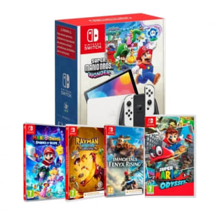 Consola Nintendo Switch OLED con Super Mario Bros Wonder + 12 meses Switch Online + Super Mario Odyssey + Pack 3 juegos por 369€