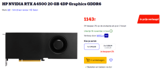 HP NVIDIA RTX A4500 20 GB 4DP Graphics GDDR6 grafische kaart voor €1143 bij Bol