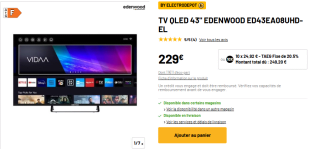 TV 43" Edenwood ED43EA08UHD-EL - UHD 4K, QLED à 229€