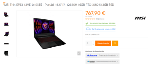 Portatil MSI Thin GF63 12VE-010XES con i7-12650H de 16GB/512GB SSD por 767,90€