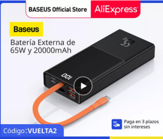 Batería Externa Baseus 65W 20000mAh con Cable bidireccional tipo C por 34,63€