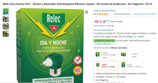 Relec Día y Noche 2021 - Difusor y Recambio Antimosquitos Eléctrico Líquido - 45 noches de protección - Sin fragancia - 35 ml