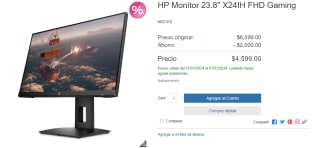 Monitor HP 23.8" X24IH FHD Gaming por $4,599 en Costco
