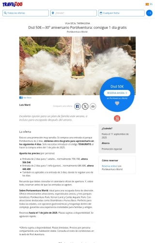 Compra 1 Entrada y consigue otra Entrada Gratis con PortAventura.