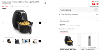 Freidora de aire Princess 182021 Aerofryer Digital XL, 1400W por 56€