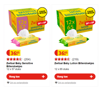 Zwitsal Baby Lotion Billendoekjes 1+2 gratis bij kruidvat