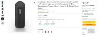 Bocina Sonos Roam Negra Alexa por $2,749 en Amazon