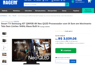 Smart TV da Samsung 43P QN90B 4K - R$ 3.039,05