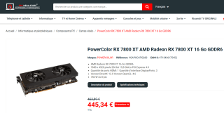 PowerColor RX 7800 XT AMD Radeon RX 7800 XT 16 Go GDDR6 à 445,34€