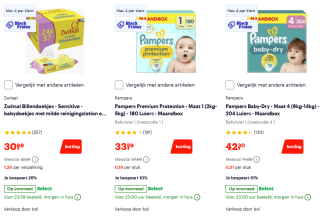 Tot 40% korting op luiers en billendoekjes bij Bol