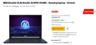 MSI Stealth 14 AI Studio A1VFG-014NL 14" Core Ultra 7 RTX 4060 Gaming laptop voor €1.199 bij Bol