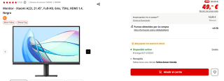Monitor Xiaomi A22i, 21.45", Full-HD, 6ms, 75Hz por 49€