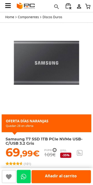 Samsung T7 SSD 1TB PCIe NVMe USB-C/USB 3.2 Gris por 69,99€.