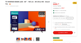 Smart tv marca Hisense modelo 65A6K UHD 4K,VIDAA por4 499,99€