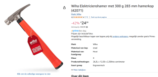 Wiha Elektricienshamer met 300 g 283 mm hamerkop voor €24,99 bij Amazon